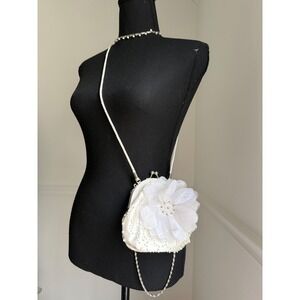 Kate Landry White Beaded Flower Clutch Evening Bag Chain Strap satin bridal bag